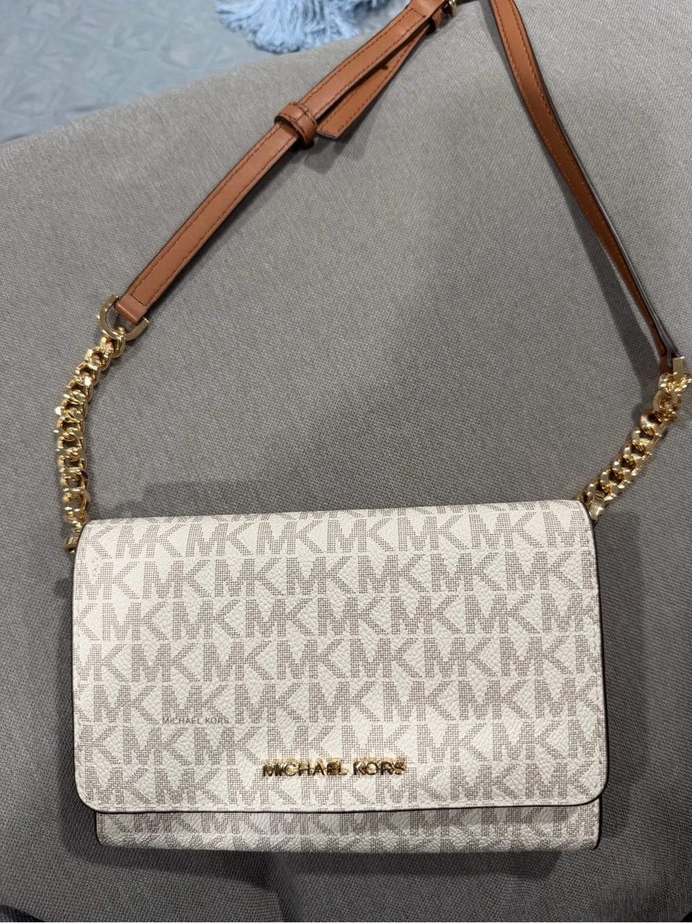 Michael Kors Beige MK Logo Crossbody with Gold Chain